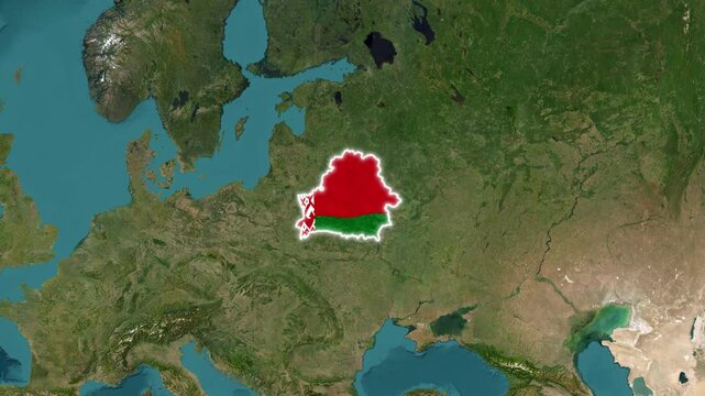 Belarus country map with national flag overlay zooming in on satellite earth globe background