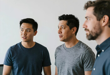 Obraz premium Diverse group of three men in casual attire listening attentively in a modern office setting, the men appear focused and engaged in a business discussion or presentation