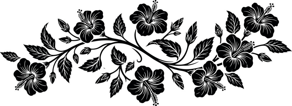 An elegant and symmetrical black and white vector illustration featuring a sprawling hibiscus flower vine with lush leaves and blooming buds .