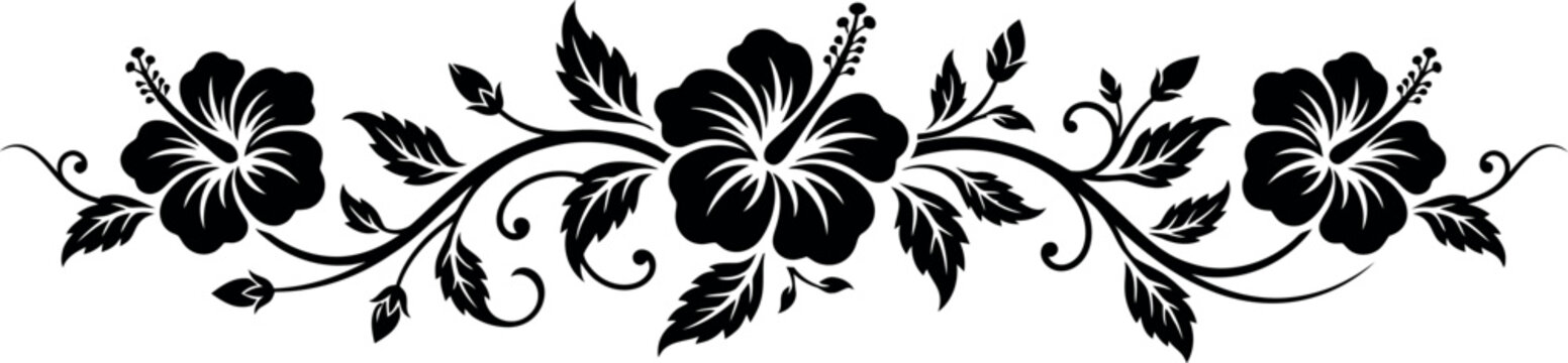 A beautiful horizontal floral border design featuring intricate black hibiscus flowers and swirling decorative vines isolated on a clean white background for elegant graphic projects.