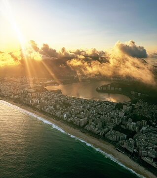 Aerial view of Rio de Janeiro city skyline in Brazil, at sunset, dusk