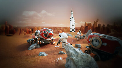 Fictitious scene including vehicles and astronauts depicts manned Mars mission. 3D illustration © Destina