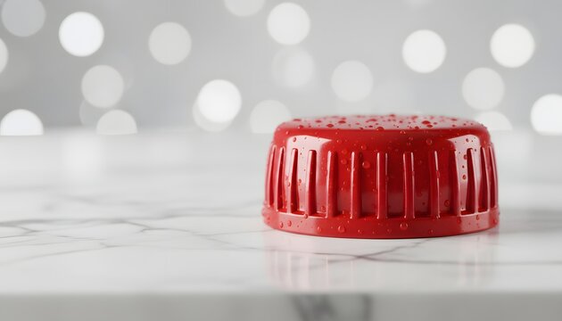 Red plastic soda bottle twist cap with water condensation drops on marble surface for beverage packaging and refreshment concept with soft bokeh lights