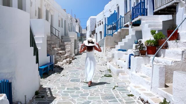 A tourist woman in a white summer dress explores the whitewashed old town of Folegandros island, Cyclades, Greece