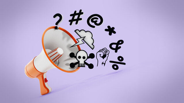 Megaphone with swearing symbols isolated on purple background. 3D illustration