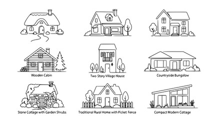 Obraz premium : Continuous One Line Country House Outline Icon Set with Village Home Architecture Vector Collection