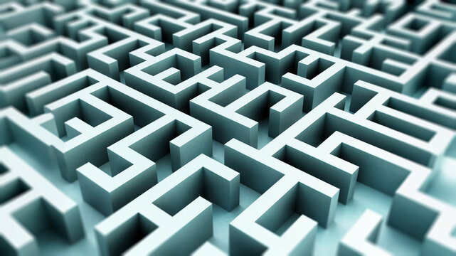 Labyrinth from vanishing perspective. 3D illustration
