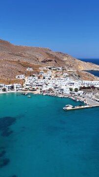 Panoramic aerial view of the port Karavostasis, main port and marina at the island of Folegandros, Cyclades, Greece