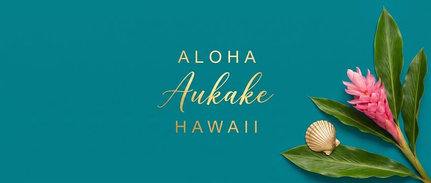 Hawaiian Aloha August Banner Background with pink ginger flower, golden seashell, tropical leaves, and gold calligraphy text on teal surface for summer travel concept copy space background.