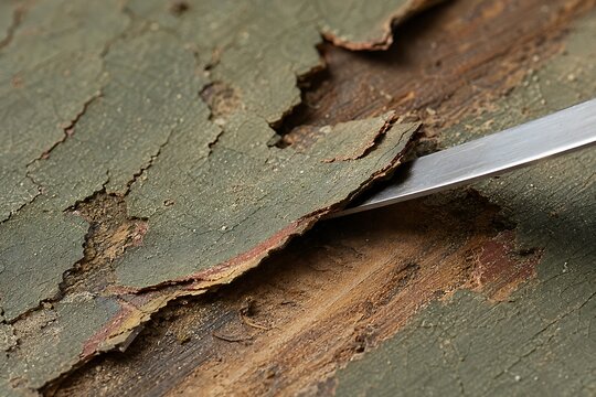 Aged Paint Peeling from Wood During Detailed Surface Restoration