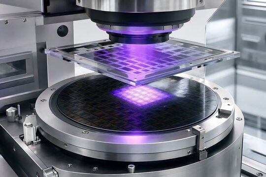 Silicon Wafer Undergoing Ultraviolet Photolithography in Semiconductor Cleanroom
