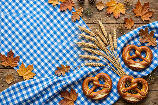 Fresh pretzels on blue checkered cloth with autumn leaves and wheat.