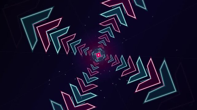 Abstract glowing neon chevron arrow tunnel zooming into dark digital space background