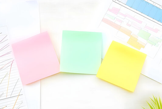 Three colorful blank sticky notes on a white wooden desk with Business documents and charts, top view, Business documents with charts and graphs are visible in the background