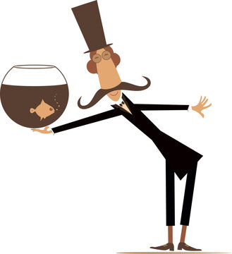 Cartoon man holds a fishbowl