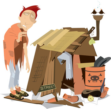 Sad beggar stands near his poor home