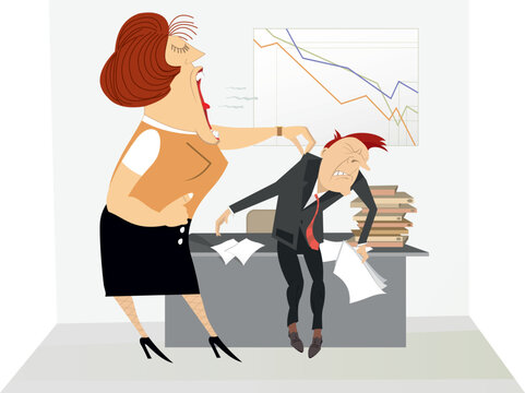 Angry female manager gives instructions to employee