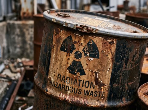 Rusty metal barrel with radioactive waste sign. Industrial container for hazardous material storage in contaminated area. Environmental pollution and nuclear power safety concept.