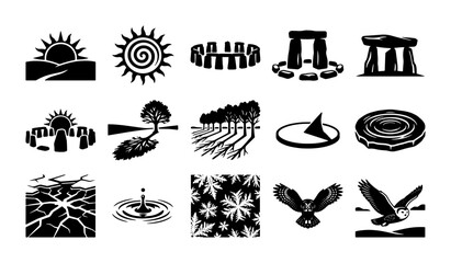 Obraz premium Linocut nature icons set, 15 black and white woodcut style vector illustrations of Stonehenge, sun, trees, and owls for rustic branding