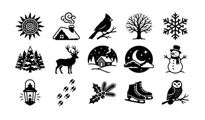 Fototapeta premium Winter season icon set with 15 black vector elements, minimalist holiday nature symbols, rustic Christmas silhouettes for seasonal branding