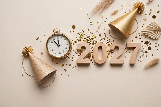 Golden New Year 2027 Celebration with Clock and Party Hats.