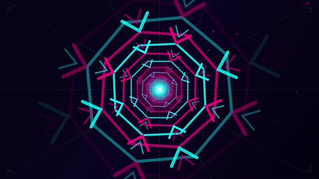 Futuristic neon geometric tunnel animation with cyan and pink glowing arrows moving toward a central light.