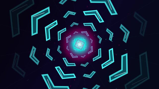 Futuristic neon tunnel of cyan and pink chevrons zooming into a bright light portal
