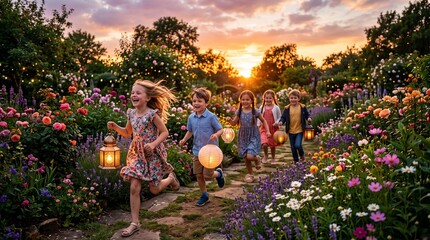 Fototapeta premium Children run through a blooming garden at sunset while holding glowing paper lanterns to celebrate a festive evening.