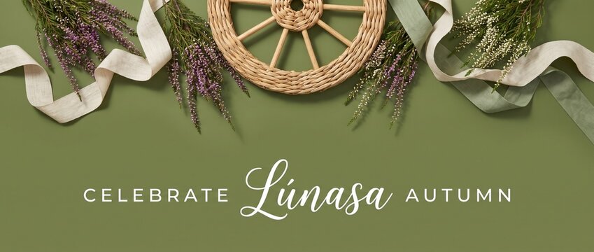 Lughnasadh Celtic Autumn Harvest Wreath flat lay with wicker wheel, heather flowers, and silk ribbons on green background for seasonal festival celebration, pagan holiday banner, rustic botanical fram