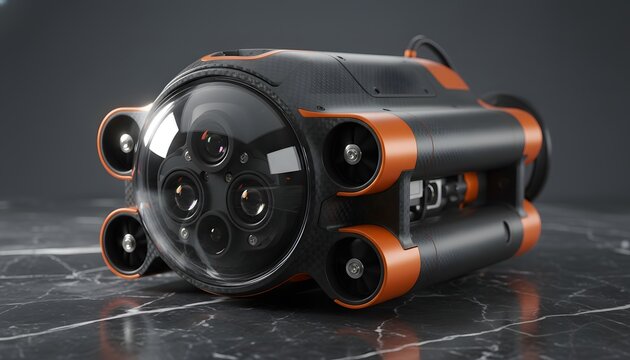 High tech underwater rov camera with carbon fiber body and thrusters for deep sea inspection and subsea technology concept rendered on reflective background
