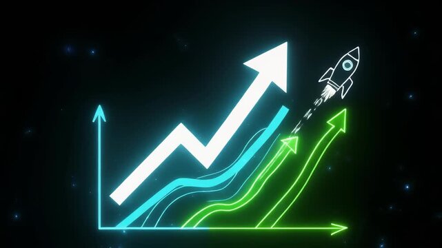 Glowing financial graph with upward trend arrow during nighttime for business growth concept