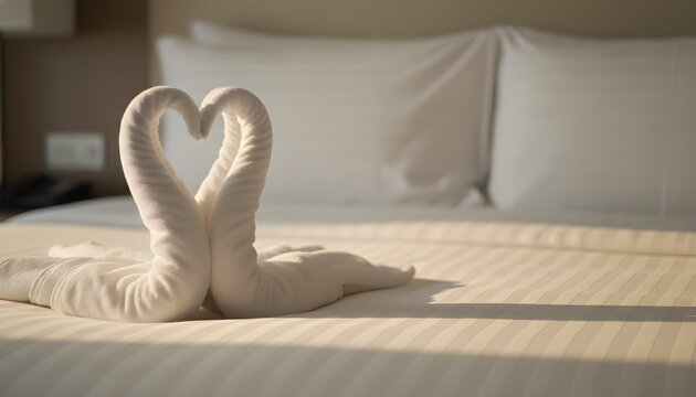White towel animal folded into a heart shape placed on a neatly made hotel bed for a romantic honeymoon concept in a luxury resort room during morning