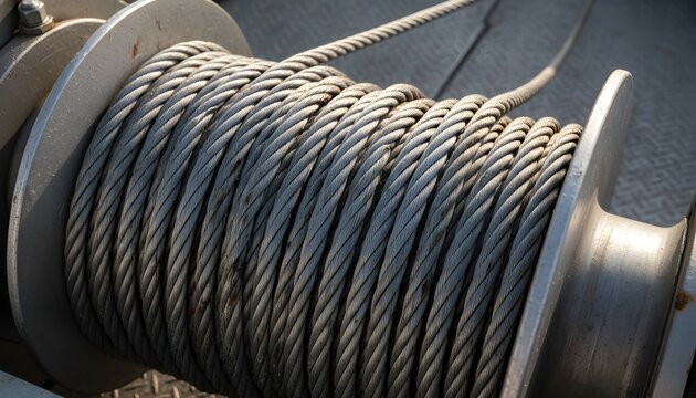 Detailed close up of a heavy duty steel wire cable tightly wound on a metal trawler deck winch mechanism for industrial marine shipping and fishing strength concept