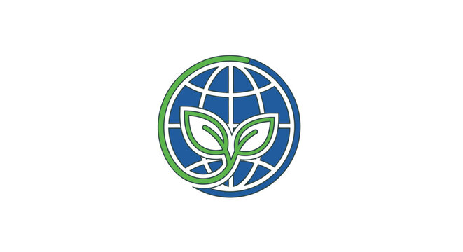 A circular logo featuring a stylized globe with green leaves and a curved line, symbolizing environmental growth and global sustainability.