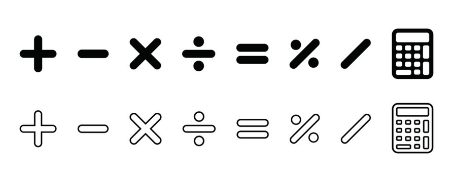 Math symbols icon set with calculator and arithmetic operators. Mathematics icons for education, finance, accounting, and UI design.