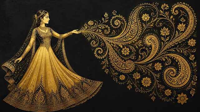 Woman in golden dress releasing ornate paisley patterns