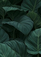 Obraz premium Close-up of a group of large, dark green leaves. the leaves are arranged in a repeating pattern, with each leaf having a unique shape and size.