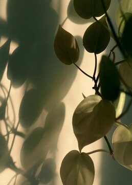 Close-up of a plant with green leaves. the leaves are oval-shaped and have a glossy texture. the plant is growing on a thin stem and is casting a shadow on the wall behind it.
