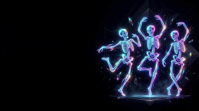 Vibrant neon skeletons joyfully dancing at halloween festival celebration