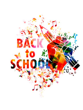 Colorful Back to School lettering features a fist holding a pencil
