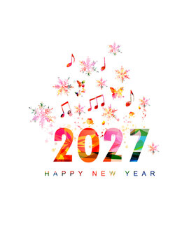 Happy New Year 2027 with snowflakes and musical notes
