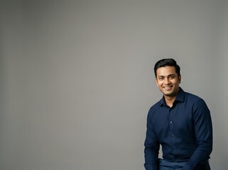 Obraz premium Confident South Asian businessman smiling in navy shirt against gray background, with copy space for corporate branding, presentations, and professional website content.