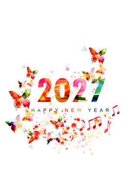 Happy New Year 2027 with butterflies and musical notes