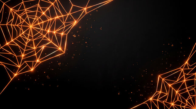 Eerie halloween backdrop featuring luminous orange spiderwebs and shadowy ambiance