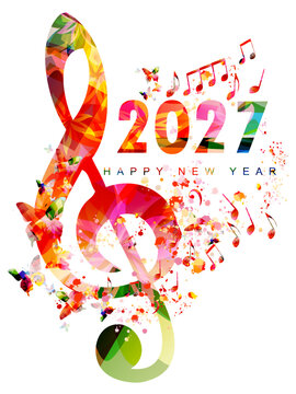 Happy New Year 2027 with treble clef and musical notes