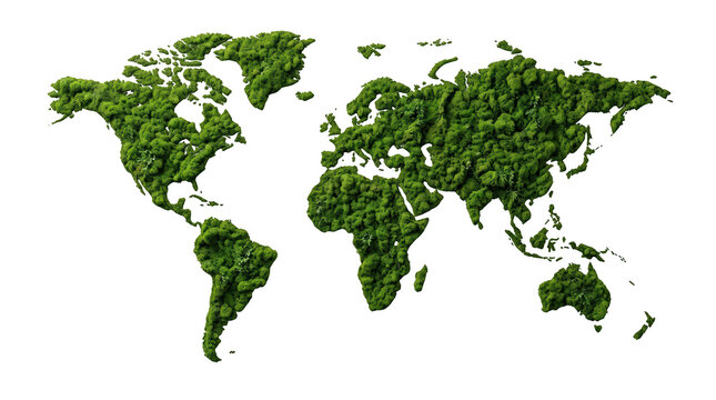 World map illustration made of lush green trees representing global nature isolated on transparent background