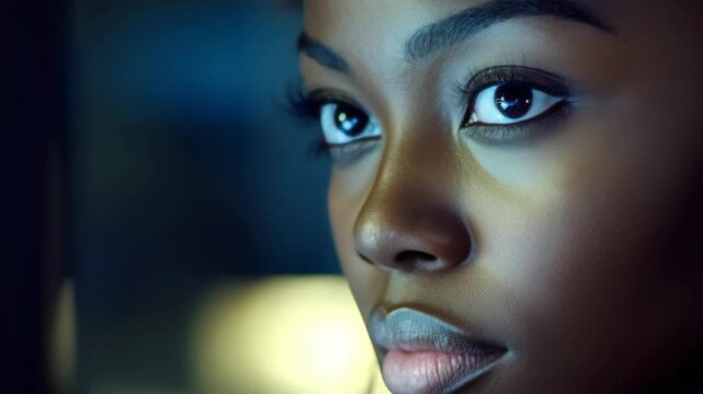 Close-up of a young woman with dark skin, gazing off into the distance against blurred lights. She has long eyelashes and is wearing makeup that accentuates her eyes.