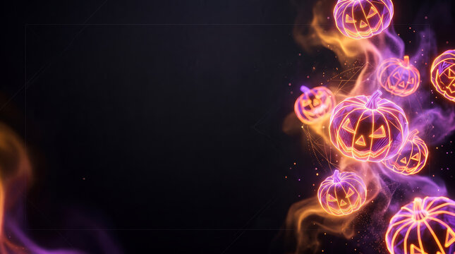 Illuminated halloween pumpkins surrounded by smoke effects for festive celebrations
