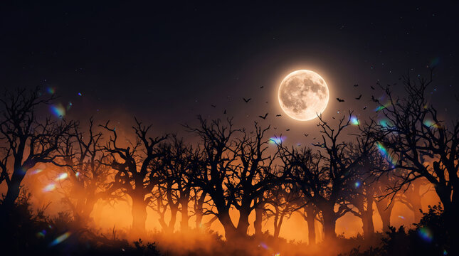 Mysterious halloween night featuring bright full moon above haunted forest and bats soaring