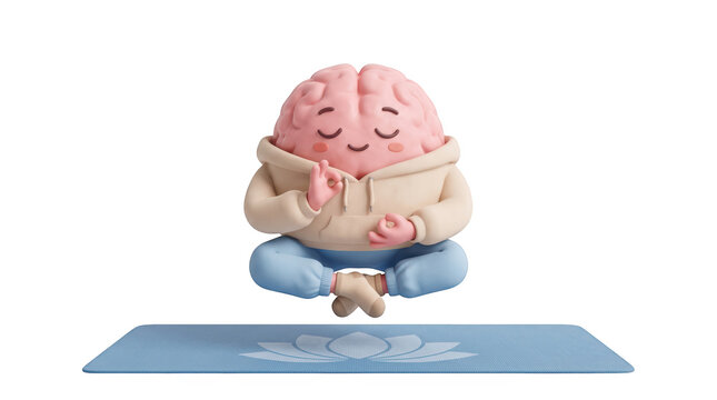 Cute anthropomorphic brain character meditating on yoga mat with peaceful expression isolated on transparent background